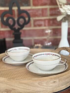 Set of 2 Antique C Ahrenfeldt Limoges AHR6 Pink Rose Teacups Saucers France